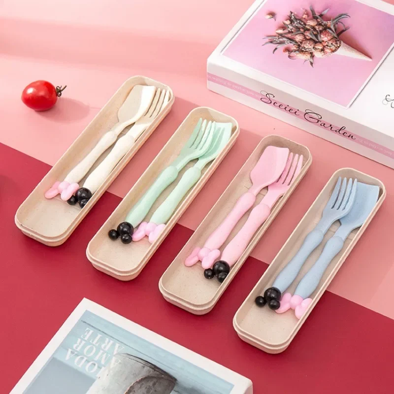 Cross-border Hot Wheat Straw Children's Tableware Set Students Cute Spoon Fork Tableware Two-piece Set