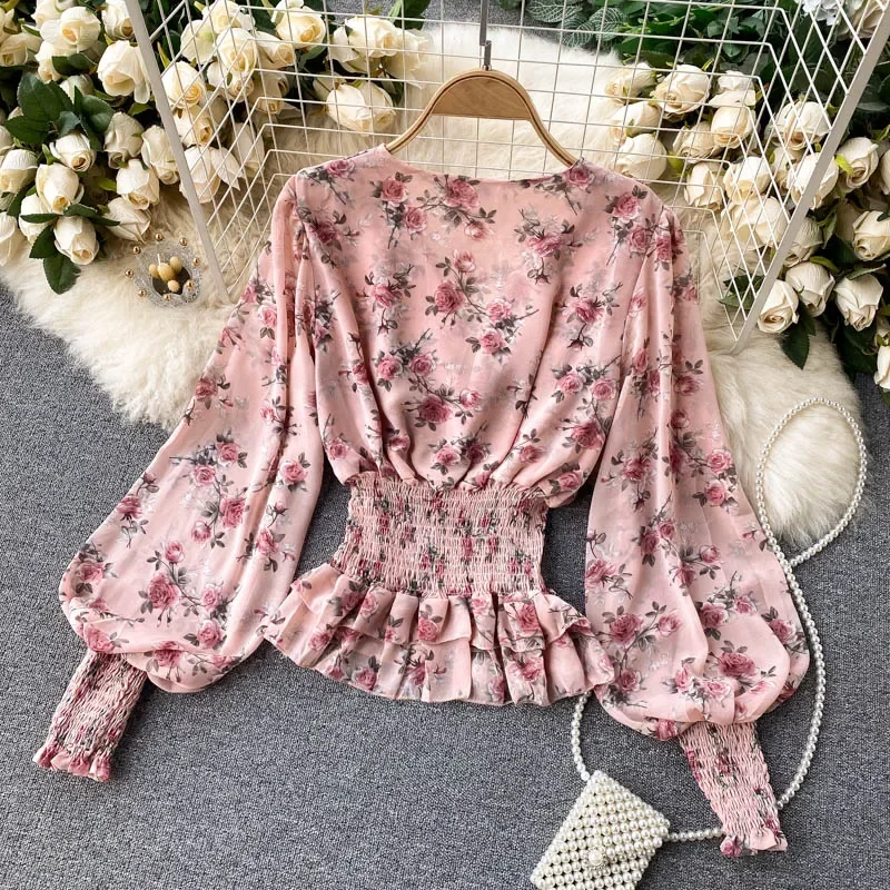 Spring Summer Women\'s Blouse French Retro Floral V-neck Puff Sleeve Top New Waist Slim Long-sleeved Female Short Tops HH529