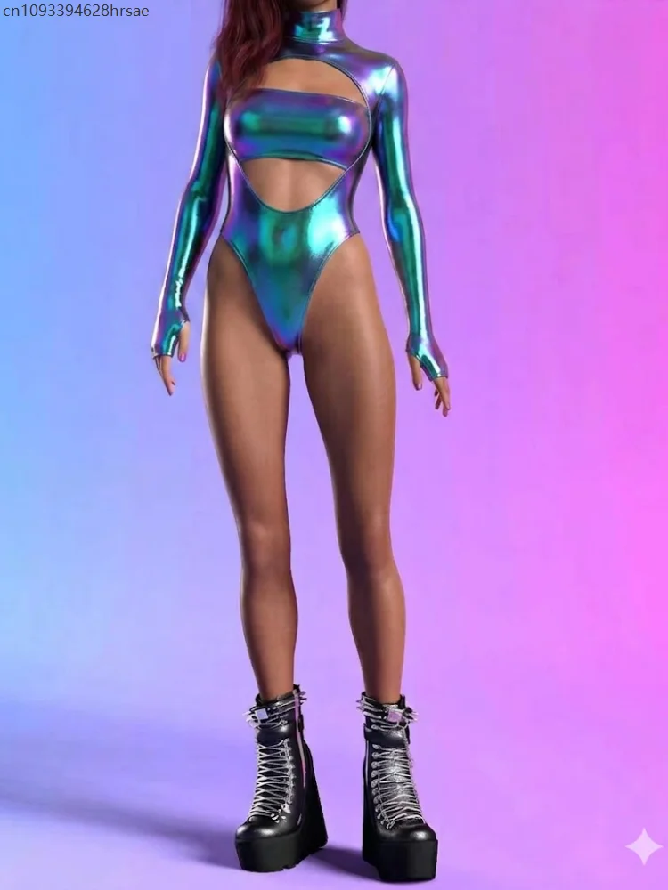 Women Shiny Bodysuit Turtleneck Long Sleeve Hollow Out Cutout Leotard Rave Festival Cosplay Outfit Beach Surfing Swimsuits view 4