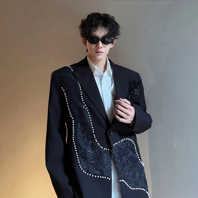 WTHT Fashion Men's Spliced Lace Flower Beads Design Blazer Coats Trendy Single Buckle Long Sleeve Jacket Male 2026 Spring 2A2631