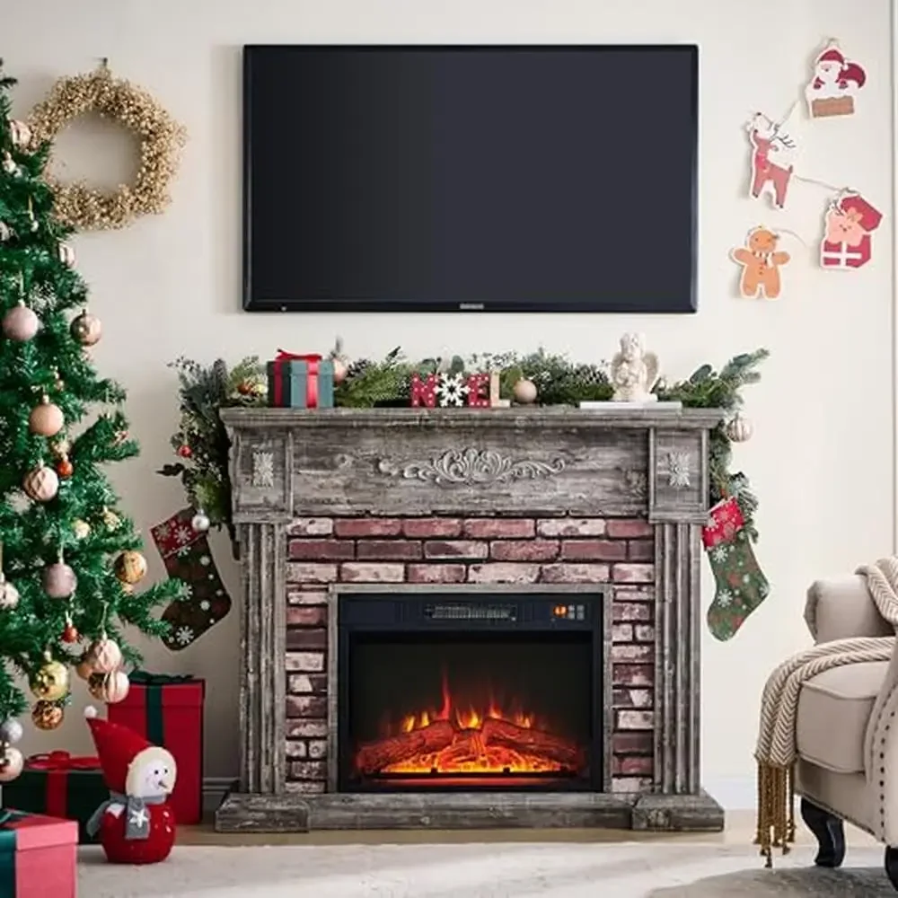 Electric Fireplace Heater TV Stand Freestanding Stacked Stone Surround Realistic Log Burn 3 Flame Levels Fahrenheit Temperature