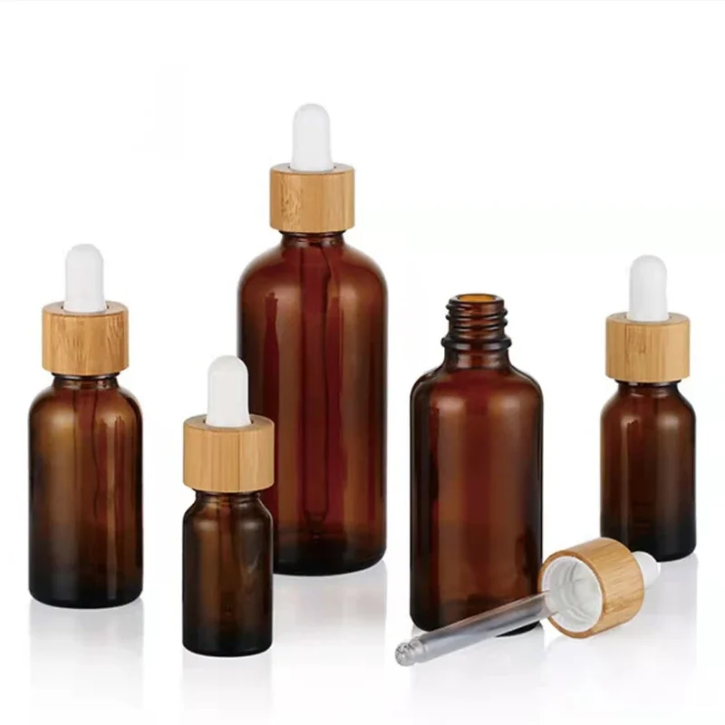 Botella cuentagotas de 5ml-100ml, tapa de madera de bambú, vidrio marrón, máscara transparente separada, cuidado de la piel, aceite esencial, cosméticos, Sub botellas