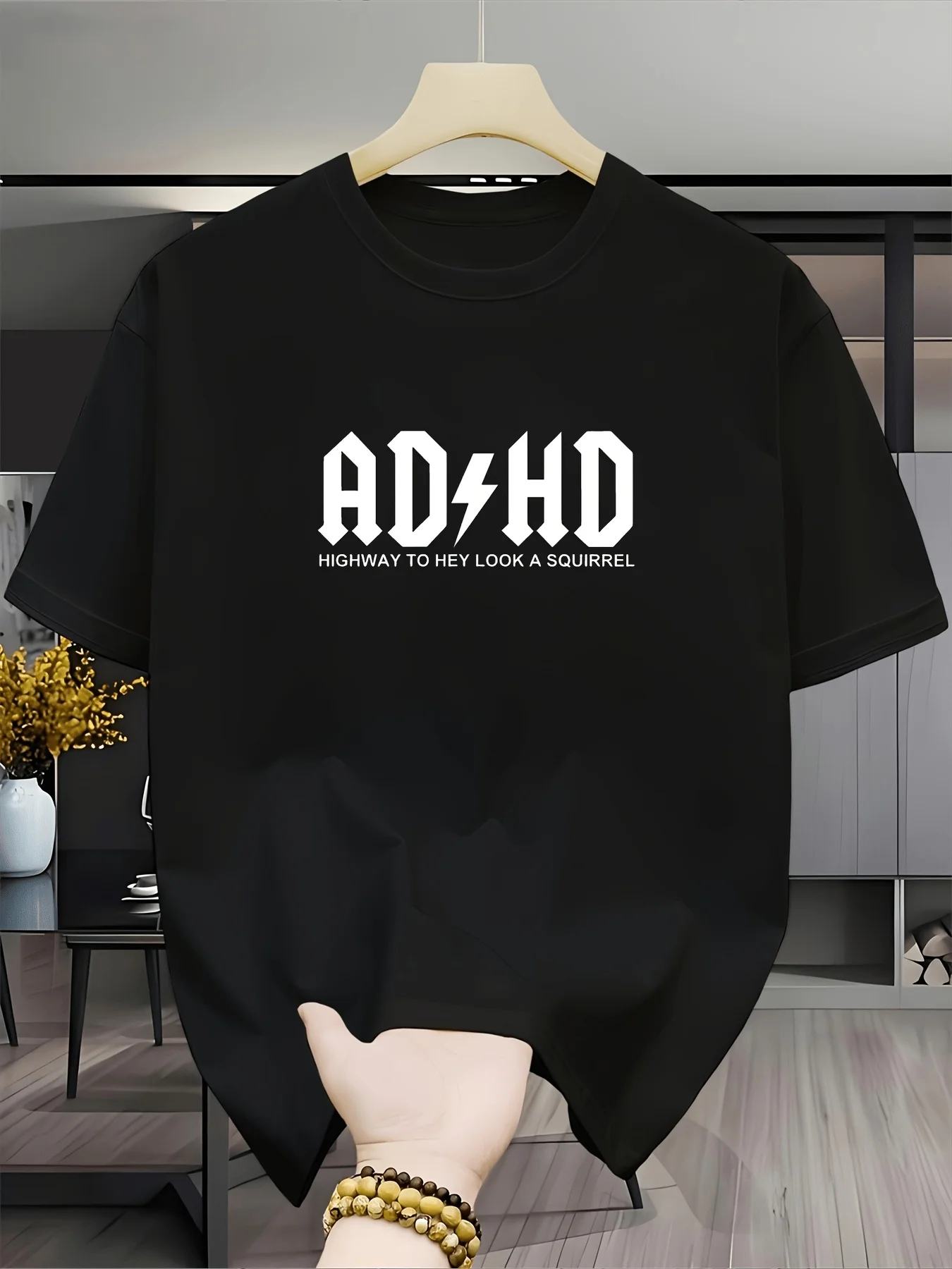 Black Graphic Tee for Men 'ADHD' Lightning Bolt Design with 'HIGHWAY TO HEY LOOK A SQUIRREL' Text Casual Loose Fit Stylish Everyday Wear Great for ADHD Aware Retro Casual Short-Sleeved T-Shirt with a Round Neck And Printed Pattern Suitable for Daily