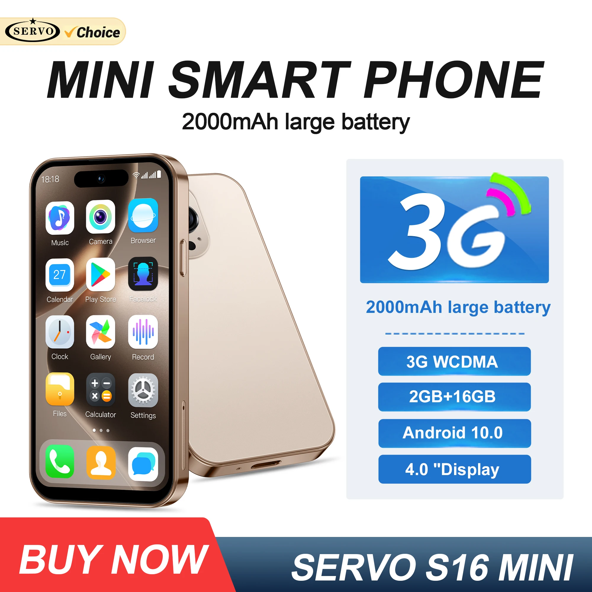 SERVO Mini Android Smartphone Dual SIM RAM 2GB ROM 16GB 3G WCDMA Play Store WiFi Hotspot Face Unlock 4.0" Small Size Smart Phone