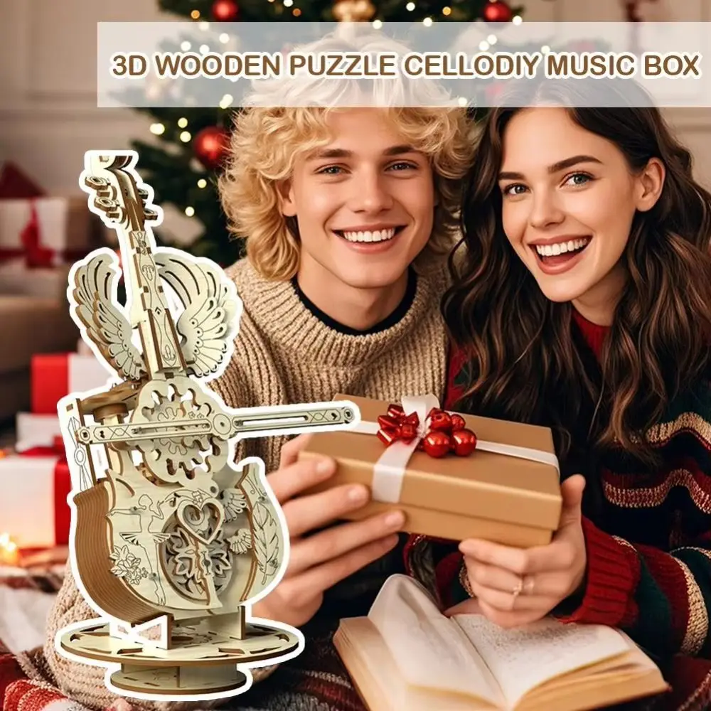 New 3D Cello Music Box DIY Graffitiable Wooden Puzzle Music Box LED Strip Cello DIY Birthday Gift for Girls
