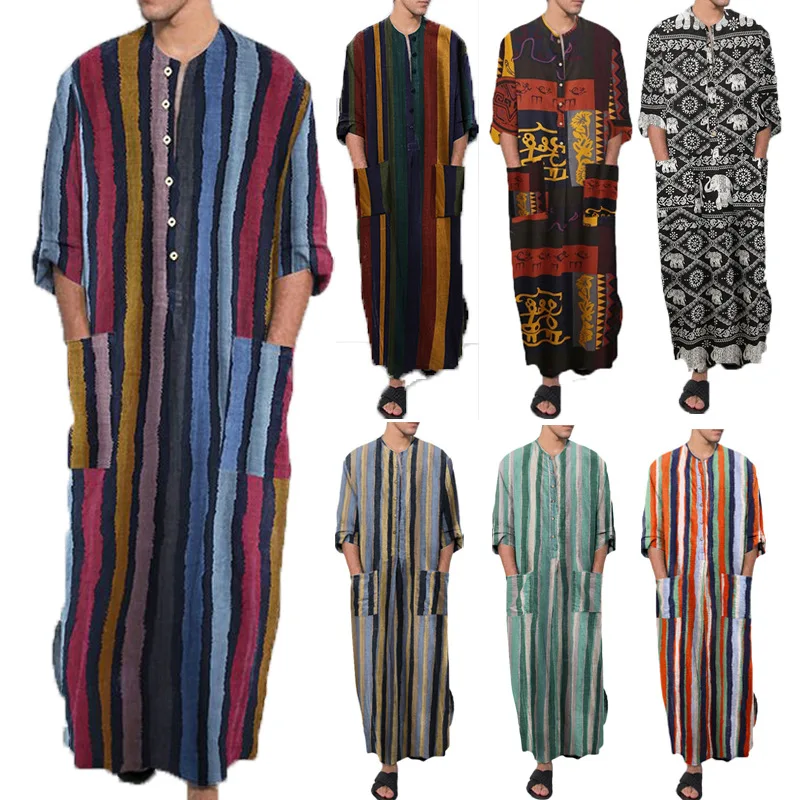New Islamic Muslim Men's Solid Color Short Sleeve Classic Stripe Print Robe Dubai Arabic Ethnic Style Men's Casual Formal Robe