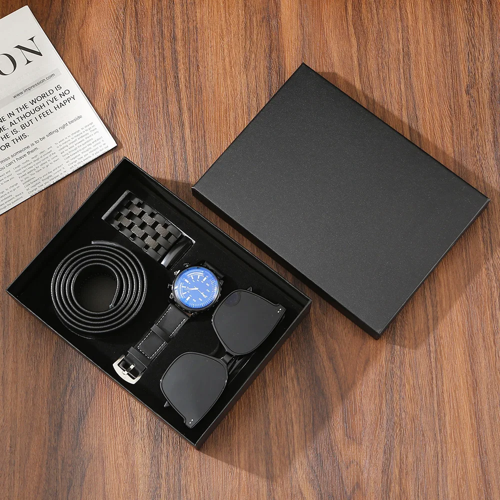New Men’s Watch Belt and Sunglasses Set Gift Box Quartz Wristwatches Anniversary Father's Day Business Gift Set Box Wholesale
