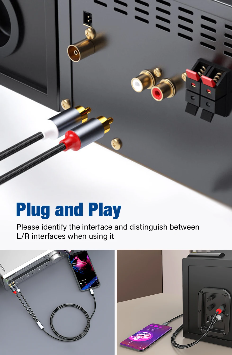 2m 3m 5m Langes USB Typ-C zu 2RCA Audio-Kabel Y-Splitter-Kabel für TV Lautsprecher Verstärker Xiaomi Laptop USB-C zu 2RCA Stecker Konverter – Detail 3