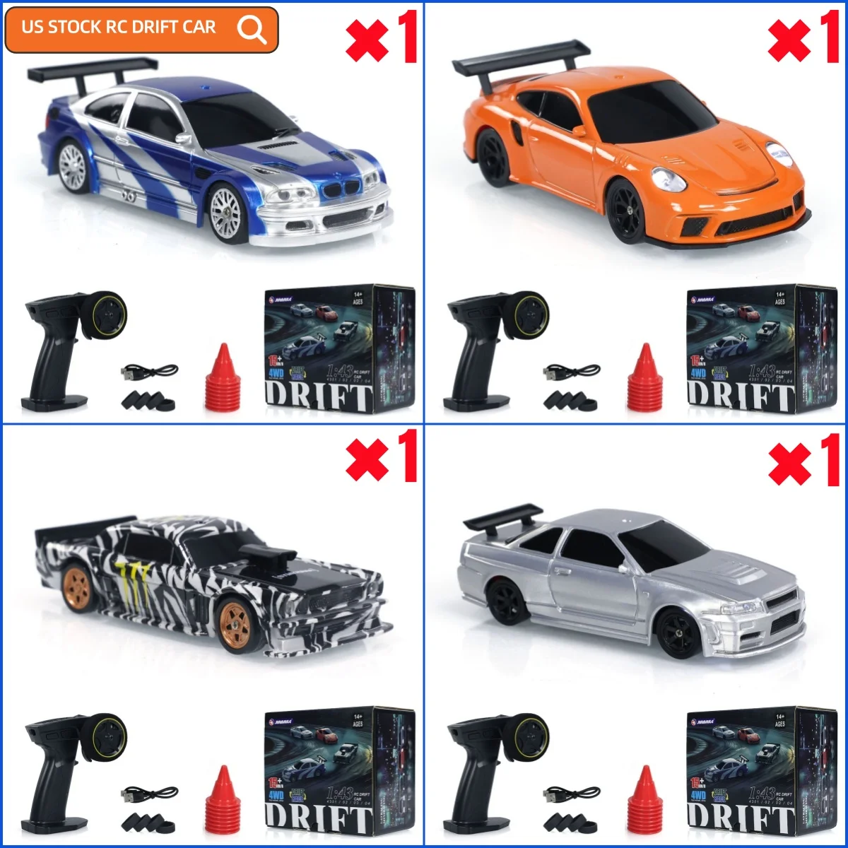 

US Stock 4 PCS 1/43 RC Drift Car RTR No Gyro Race Car 4WD Ready to Run Mini High Speed Vehicle Finished Model Birthday Gifts