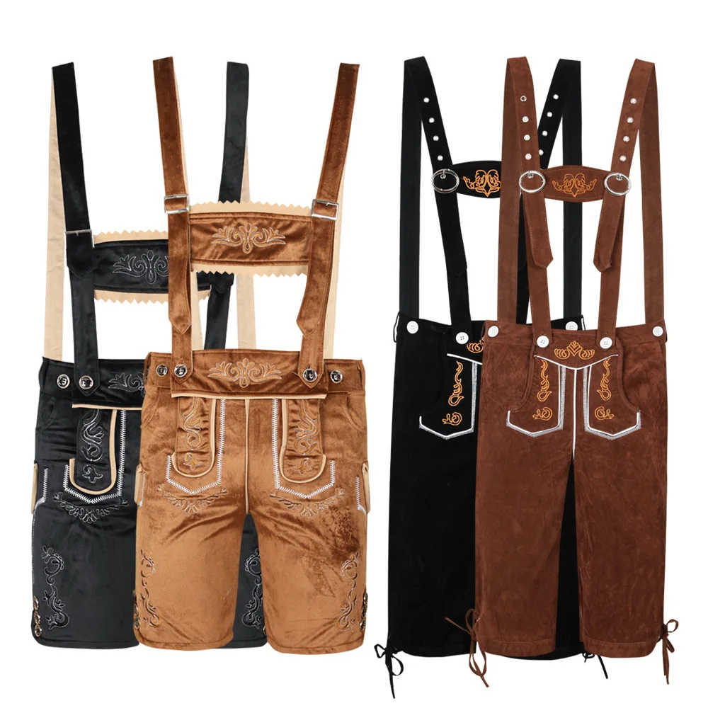 Men Oktoberfest Lederhosen with Suspenders Costumes Set Beer Party Waiter Farmer Cosplay Costumes Fifth Pants Cropped Trousers