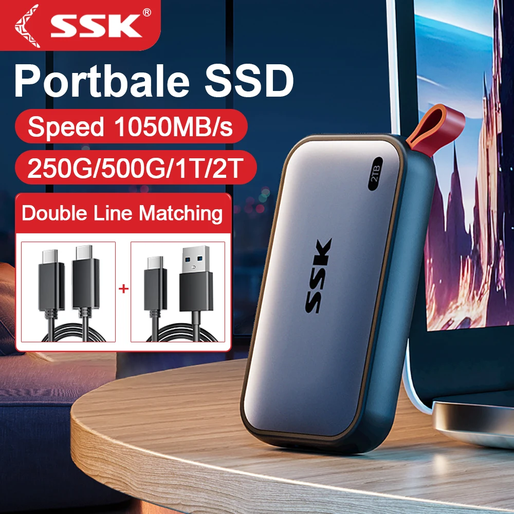 SSK Portable SSD 2TB External Solid State Drives 1050MB/s Type-C SSD 1TB External Hard Drive USB 3.2 Gen2 for MacBook Laptop