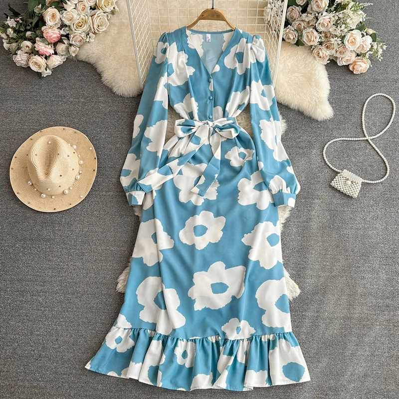 Abito lungo Vintage da donna con stampa floreale primavera autunno elegante scollo a v manica a sbuffo monopetto con orlo a balze Maxi abito a sirena