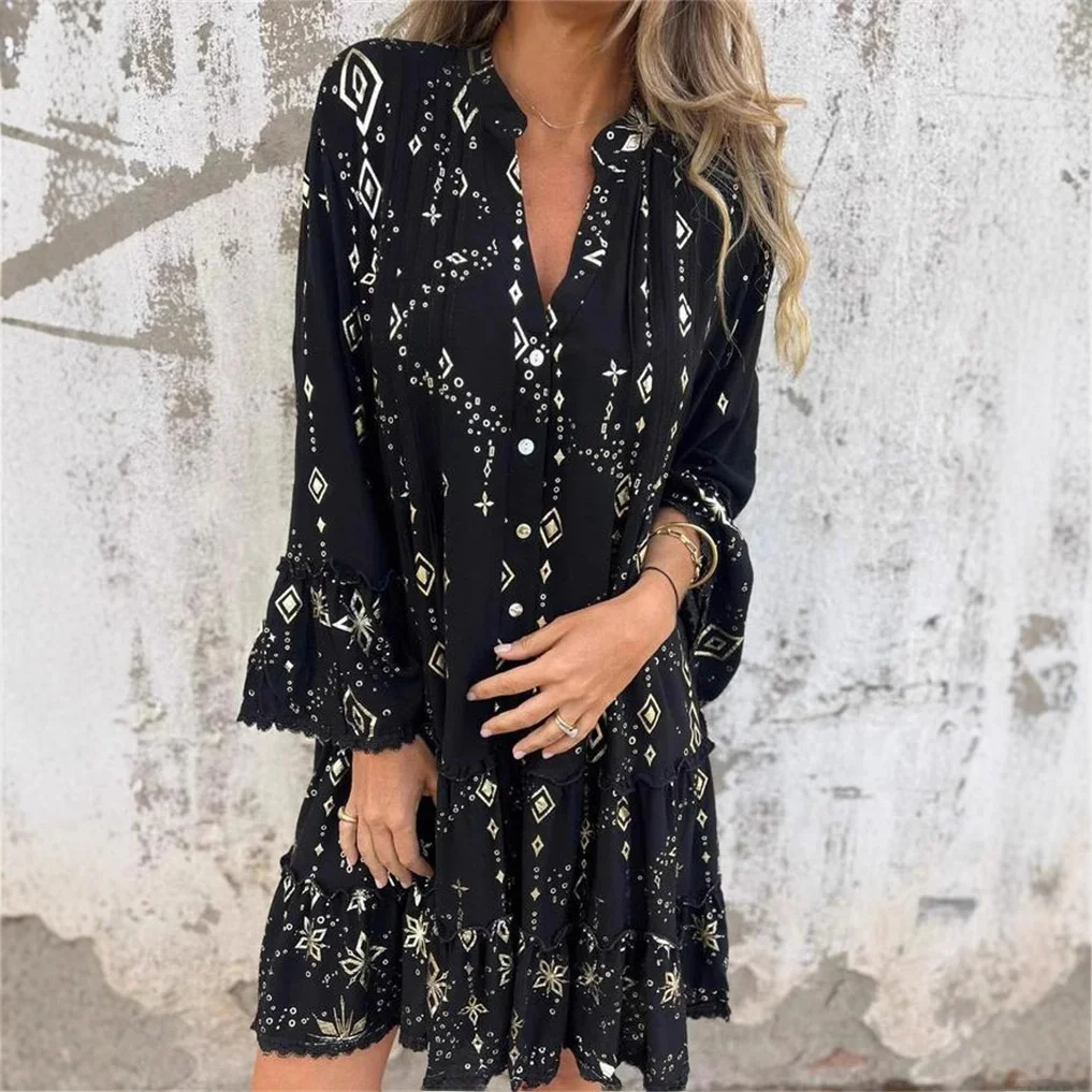 Faionable Pure Color Gold-Stamped Bell Sve Lace Hollow Out Large Size Frühling Herbst Dr Girl Sle Gestricktes Polyester