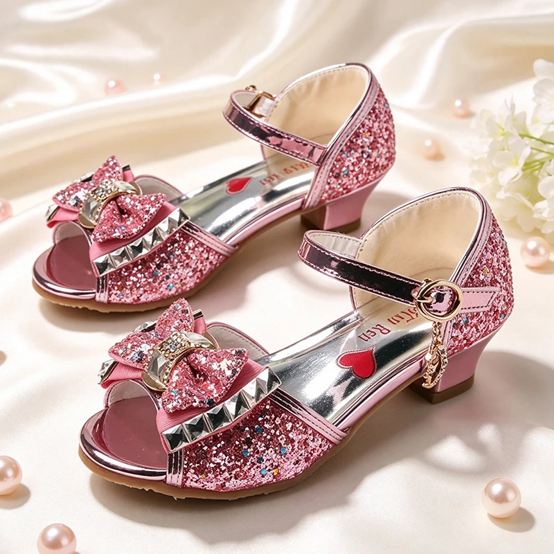 Sparkling Girls Glitter Princess High Heel Sandals Pageant Contest Halloween Cosplay Elegant Party Summer Fancy Children's Shoes
