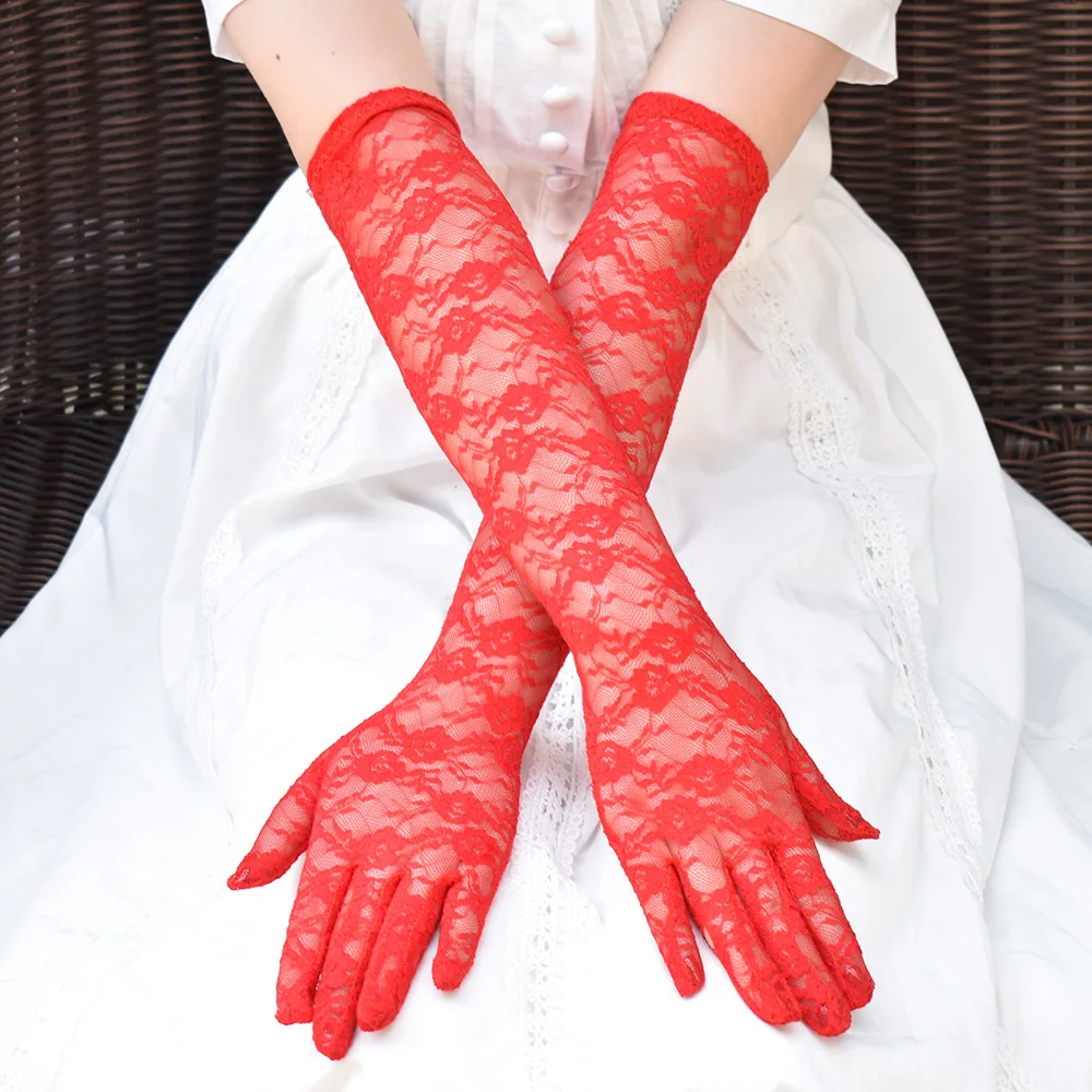 Women See Through Floral Lace Long Gloves Black White Red Sexy Elbow Length Mittens Party Evening Gloves Accessories