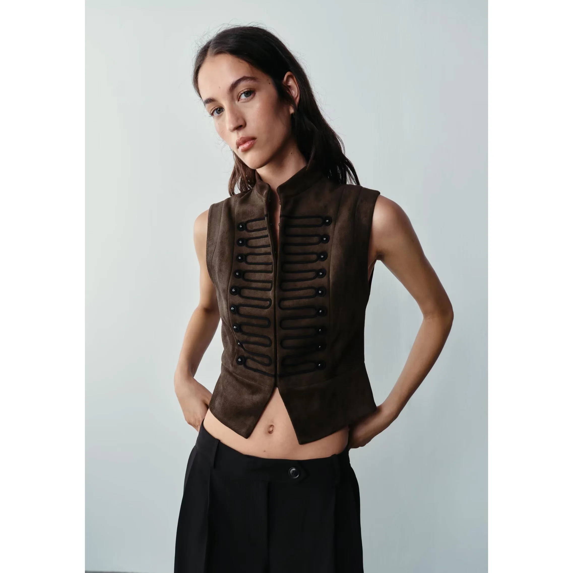 Fashionable Velvet Texture Knot Buckle Vest Women's Slim Fit Short Length Polyester Fiber Outerwear Autumn Season New Arrival