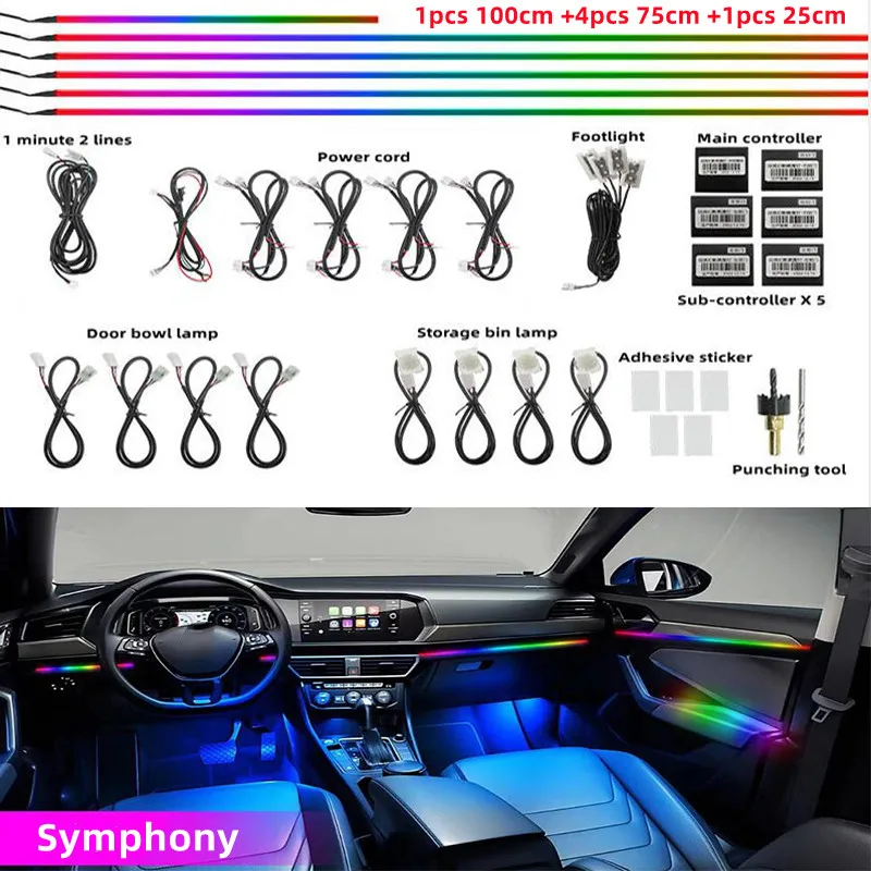 18 in 1 Symphony car Ambient lights RGB guide optic car decoration APP Sound Control light Interior Decorative Atmosphere Strips