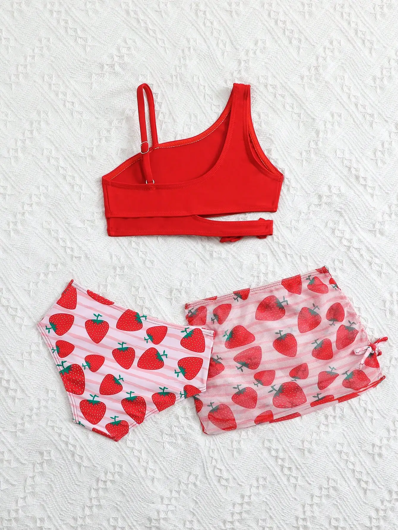 

Women Strawberry Print Asymmetrical Bikini Set With Sheer Cover Up Skirt
