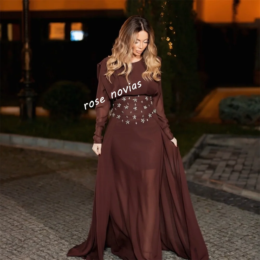 Robe de soirée personnalisée avec strass, col rond, ligne a classique, longue, sur mesure, pour occasions élégantes, fête de mariage