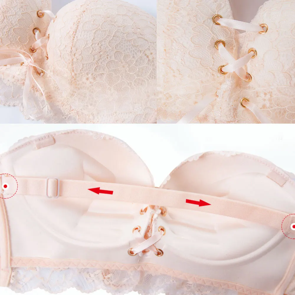 Women Lace Bralette Sexy Bras Push Up Bra Drawstring Strapless Invisible 1/2 Cup Wire Free Adjustable Brassiere Seamless