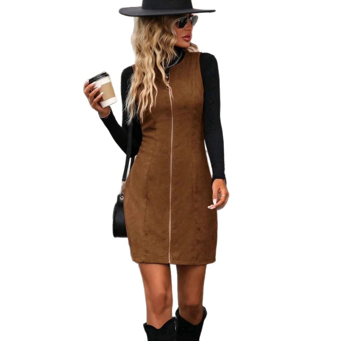 

2025 New Fashion Zipper Hip Dress Women Autumn Casual Solid Color Round Neck Mini Dresses For Women Office Short Skirt Women