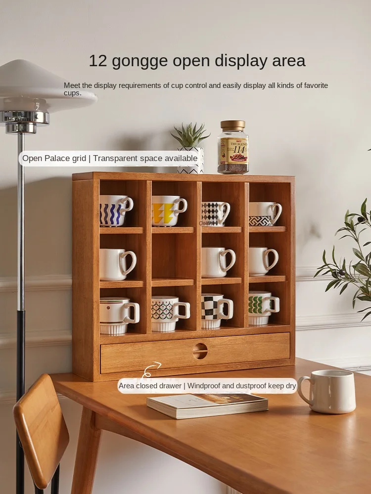 Solid wood grid wall-mounted storage rack coffee cup storage display rack cherry wood cup rack desktop shelf