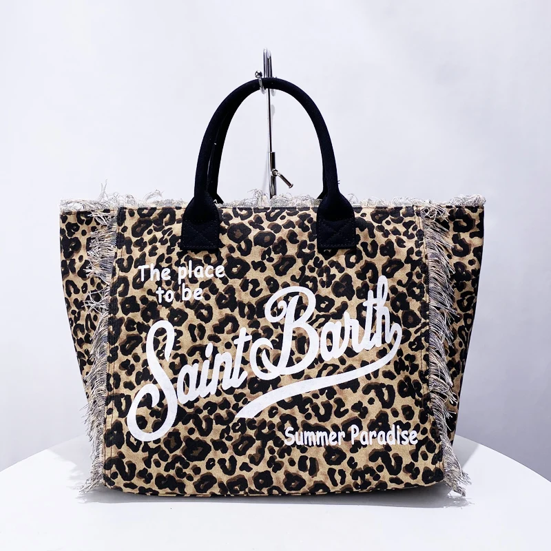 Leopard Print Canvas Tote Bags For Women Luxury Designer Handbags And Purses 2024 New In Letters Tassel Large Capacity Shoulder