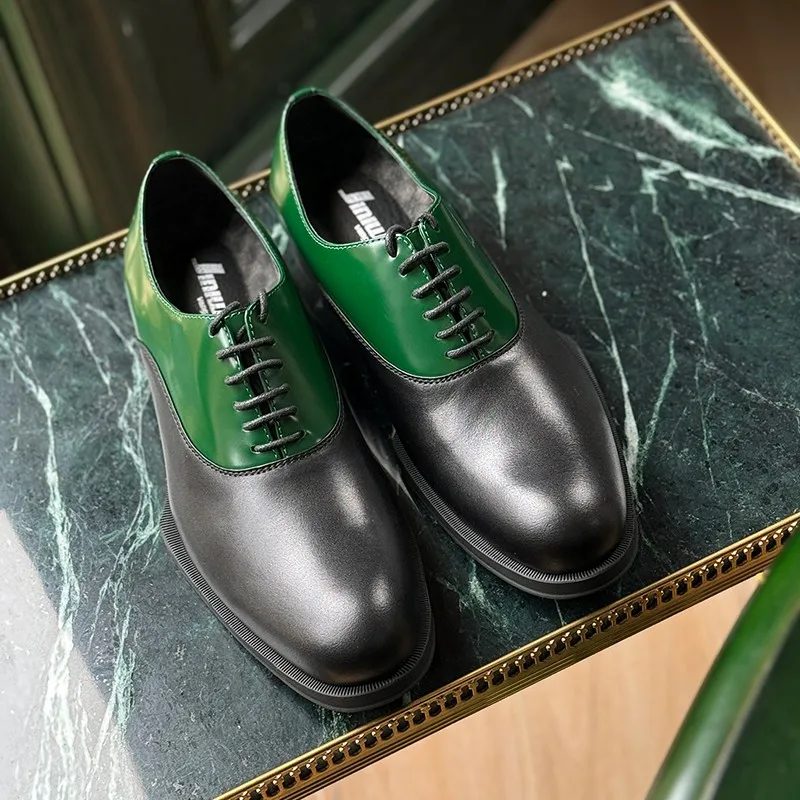 JINIWU 2026 Autumn Winter Men Oxford Shoes Special‑Shaped Sole Wear‑Resistant Handmade Black‑Green Color Block Lace‑up men Shoes