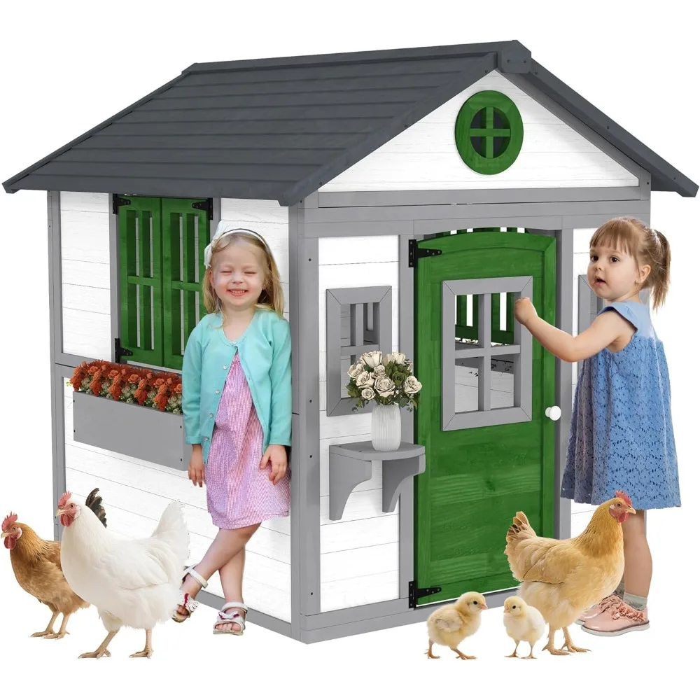 

US Shipping Outdoor Kids Playhouse Wooden Playhouse with Doors Windows Planter Boxes Cottage Play House for Backyard DIY