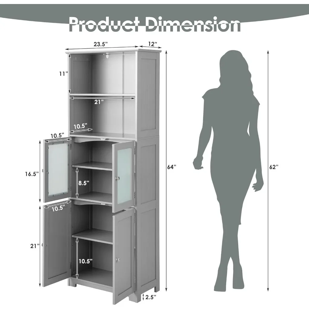 Grande armoire de rangement, armoire autoportante au sol avec 2 portes en verre et 2 étagères ouvertes, 3 positions réglables