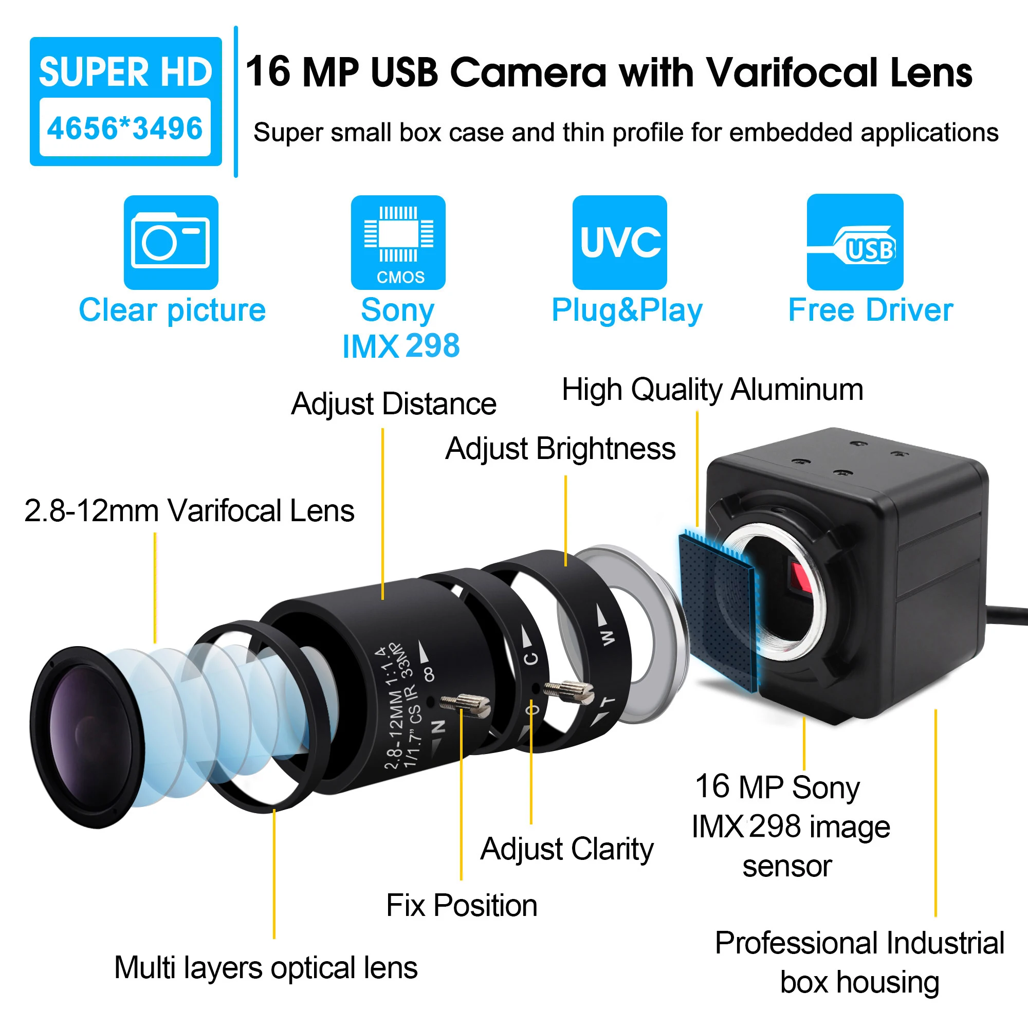 16 USB Camera  IMX298 CMOS Sensor UVC Free Driver Mini USB Webcam with 2.8-12mm  Zoom Lens for Industrial Machine Vision