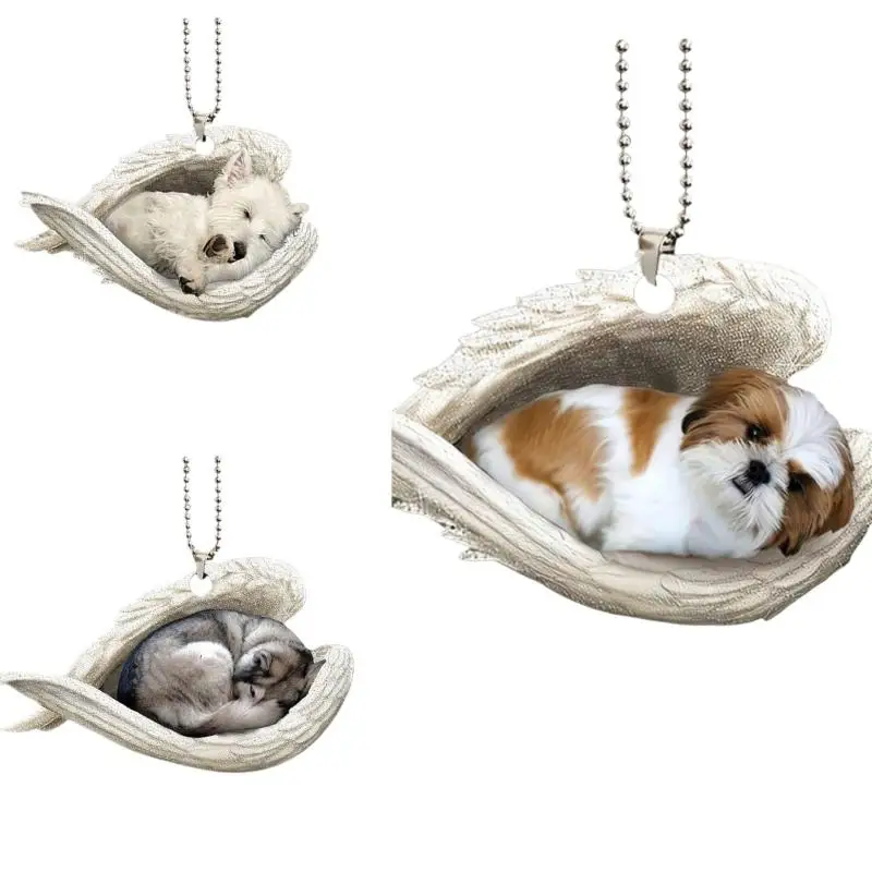 Creative Sleeping Angel Wing Puppy Memorial 2D Flat Car Rear View Mirror Accessories Ornament Decoration Hanging Charm Pendant
