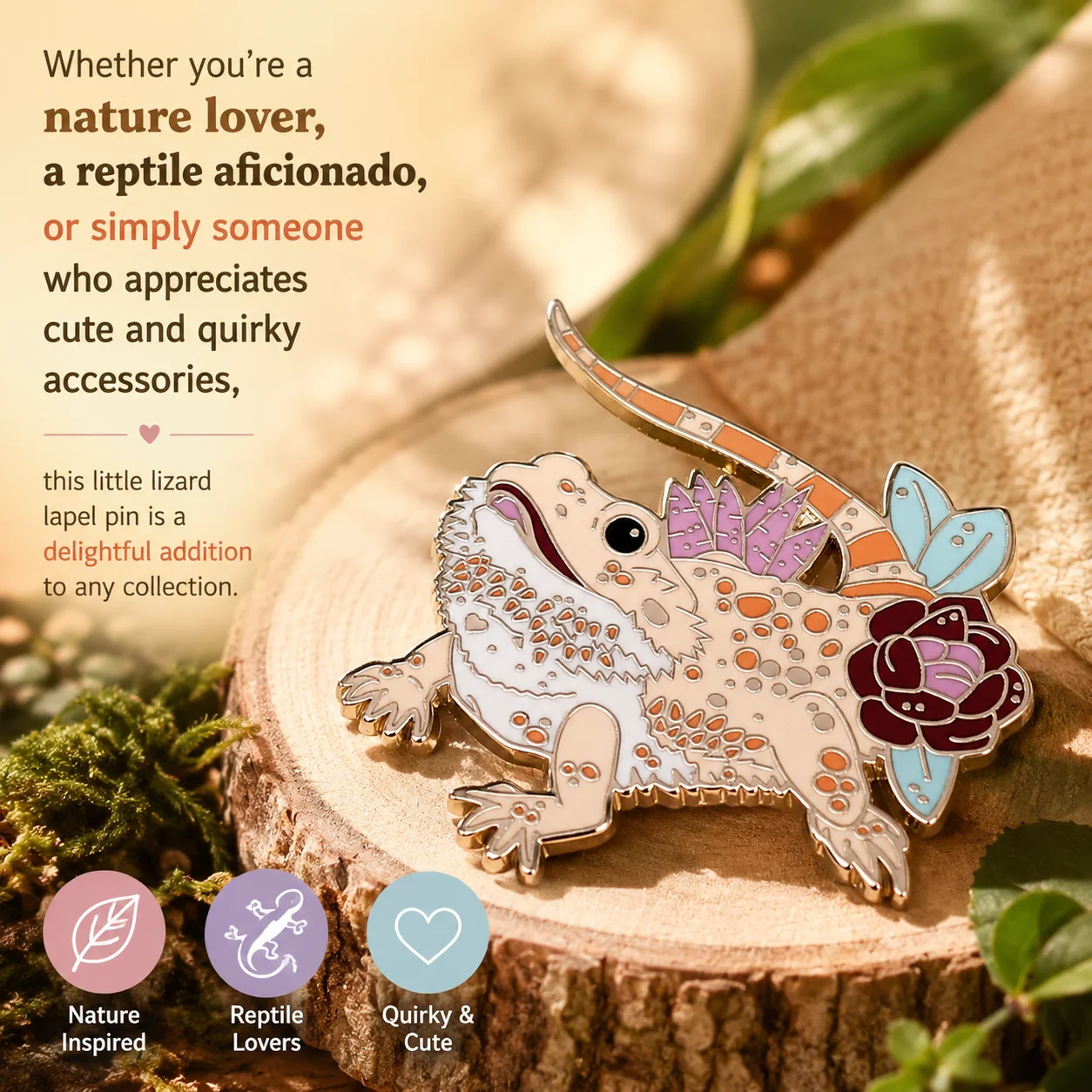Cute Bearded Dragon Enamel Pin Floral Lizard Design Reptile Lover Style Reptile Lover Gift for Girls Teens Kids Adults Unisex