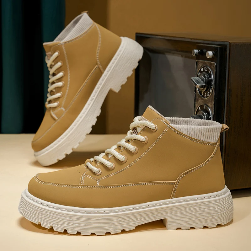 

2025 New Men's Big Yellow Boots Durable Anti - Skid Sole High - Top Chunky Sole Winter Fleece Lined British Work Boots Motorcycl