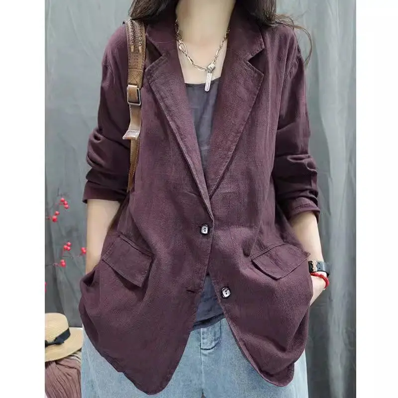 2024 Autumn New Retro Vintage Linen Jacket Women Blazer Loose Personalized Stylish Versatile Long Sleeve Suit Coat Top k2623