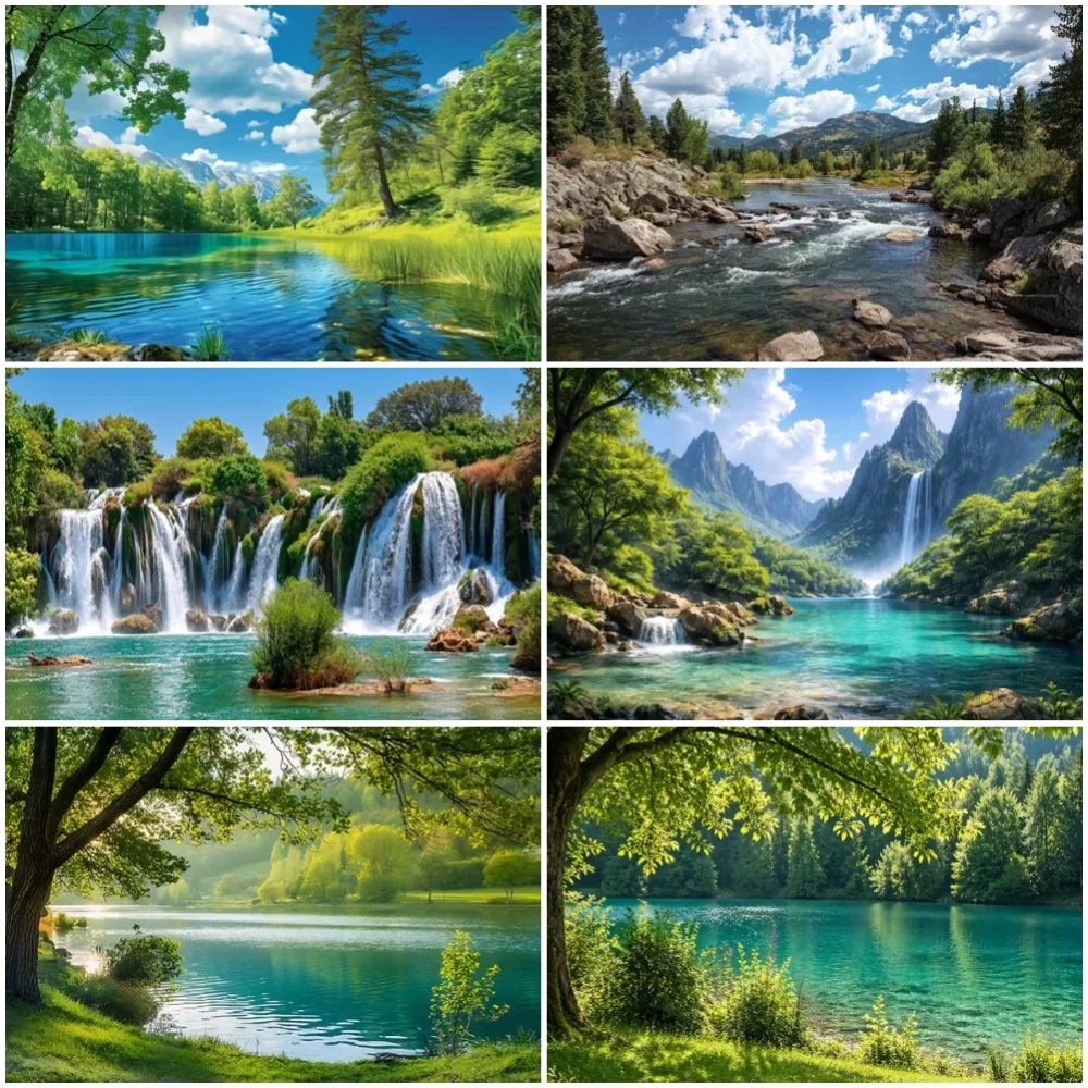 Natürliche Landschaft See-Thema Hintergrund Berg Fluss Wasserfall Outdoor-Tourismus Party-Dekoration Fotohintergrund Banner Requisite