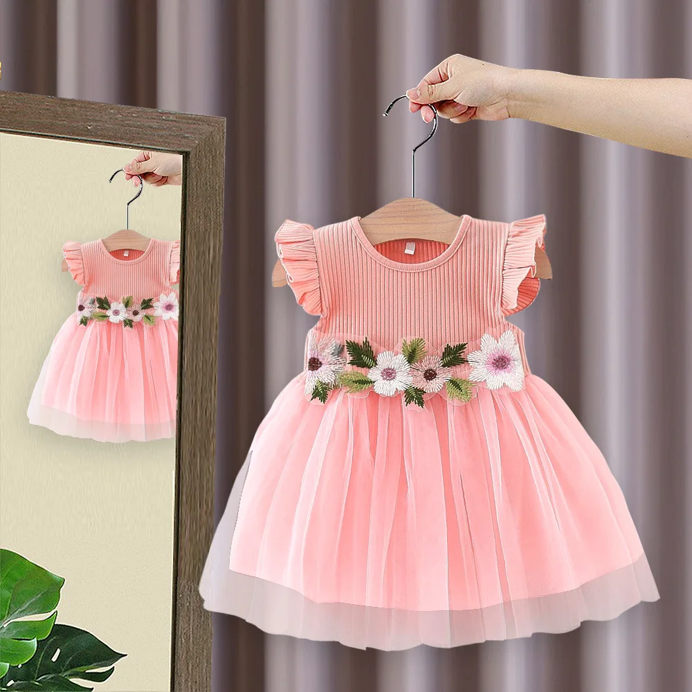 

Children's Dress Summer Baby Girl Little Flying Sleeve Top Splicing Mesh Waist Flower Embroidered Princess Dress