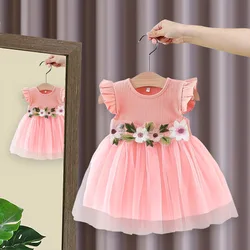 Children's Dress Summer Baby Girl Little Flying Sleeve Top Splicing Mesh Waist Flower Embroidered Princess Dress