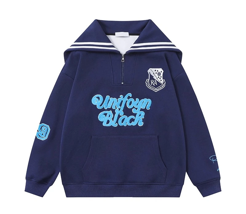 2025 Spring and Autumn New Japanese Style Sweet Navy Collar Long Sleeve Women's Hoodie Gray English Print Design Loose Top