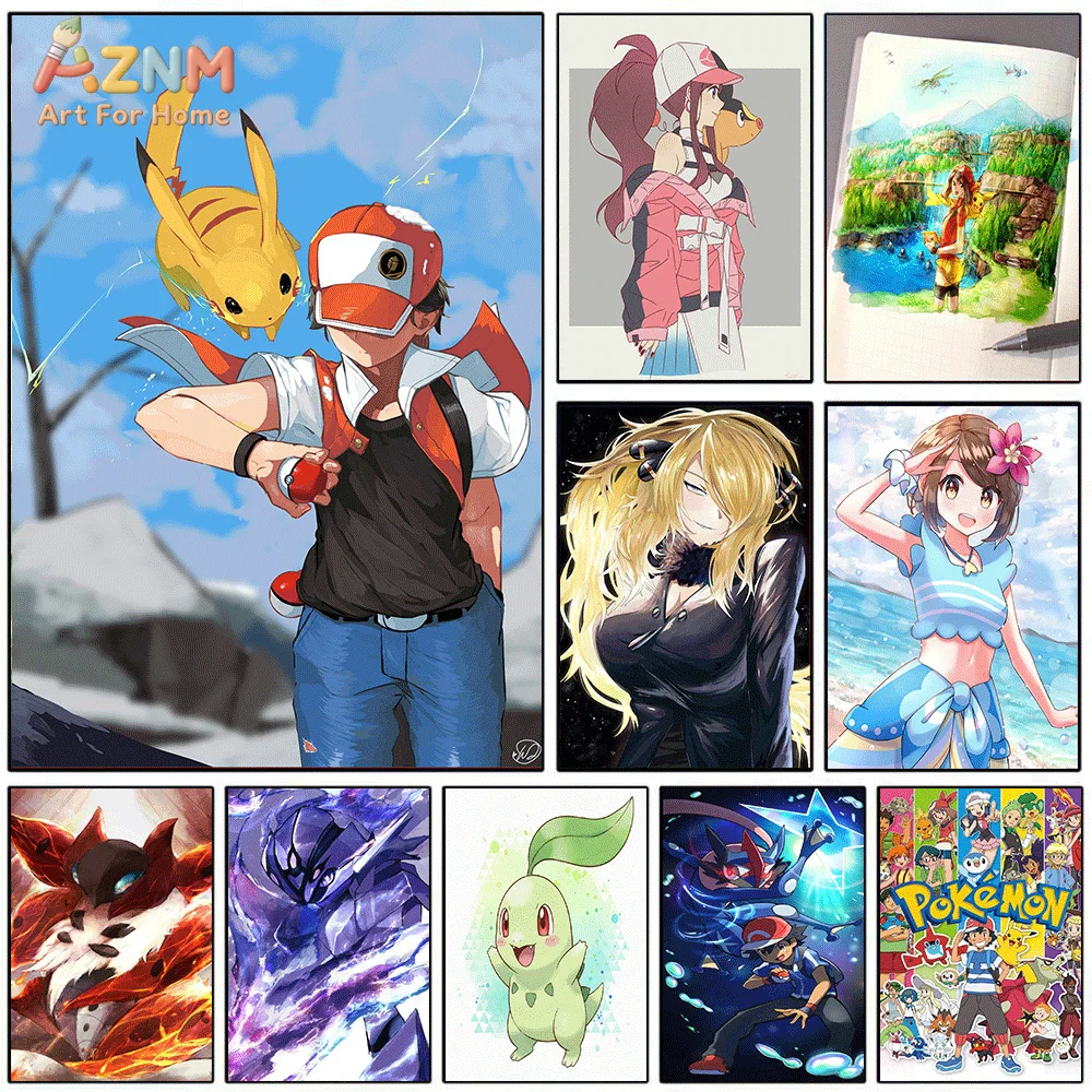 Pôster de Lona AZNM Pokémon Anime: Ash, Pikachu, Cynthia, Marnie, Chikorita, Greninja - Arte de Treinadora Fofa (Sem Moldura)