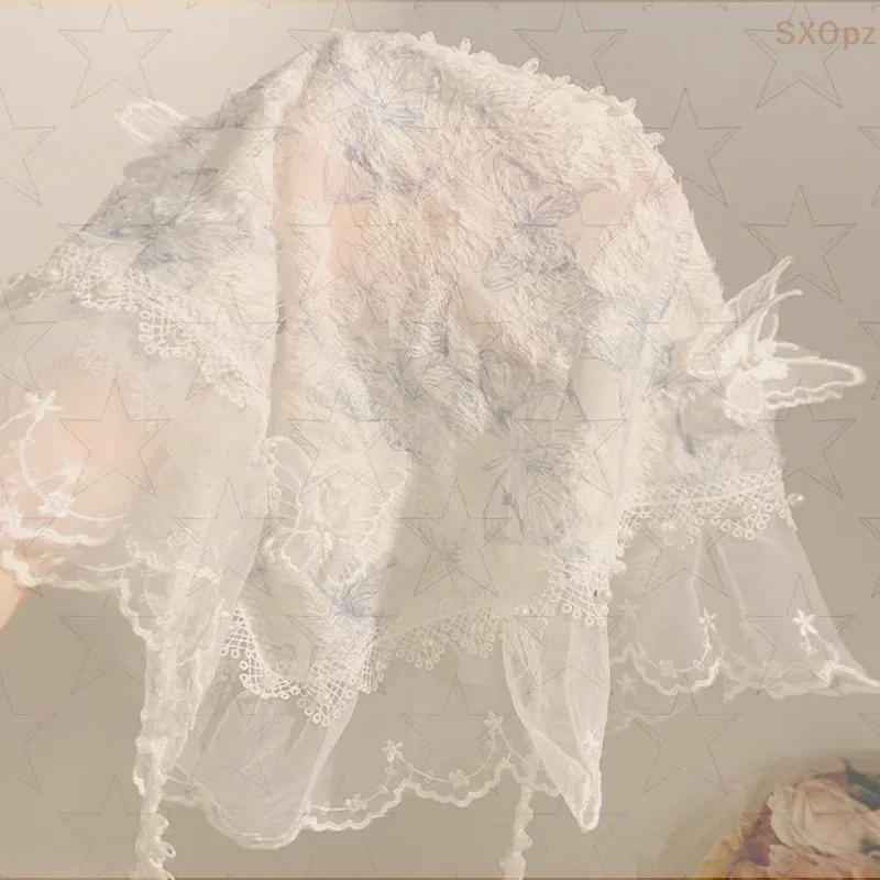 

White Woven Butterfly Floral Lace Hair Scarf Wraps Women Retro Triangle Headscarf Hat Travel Photo Headband Hair Accessories