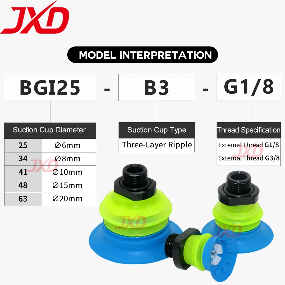 JXD BGI25-BGI80 G1/8 G3/8 Multi-layer Vacuum Sucker, Bellows Suction Cup for Flexible Packaging Bag Manipulator Robot