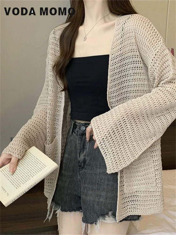 Fashion Simple Solid All-match Loose Elegant Leisure Sun-proof Daily Ladies New Cardigan Women Hollow Out Design Summer Knitting