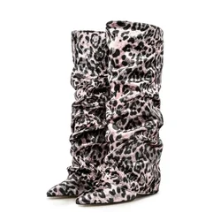 European and American Fashion Wedge Retro Sheepskin Pattern Sleeve Knee High Pleated Boots for Women's Sexy Leopard Print Boots