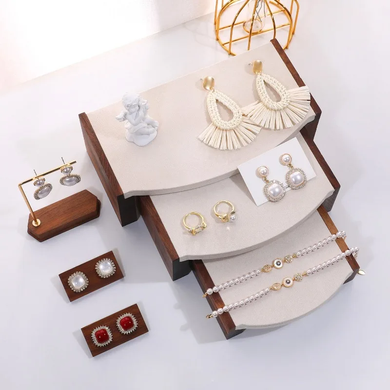 Solid Wood Jewelry Display Stand Set Velvet Walnut Bracelet Showcase Stairs Holder Leather Earring Display Rack Women Rings Rack