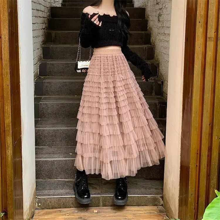 

Тюлевая юбка трапециевидной формы с высокой талией, сказочная осенне-зимняя утягивающая многослойная надувная юбка для женщин в Китае