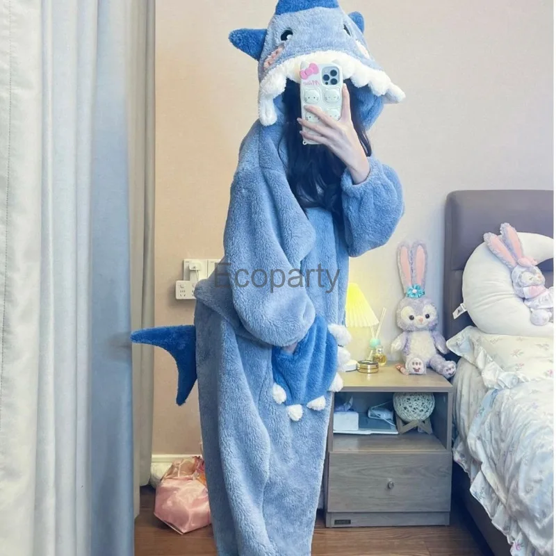 2024 Women Lovely Cartoon Shark Cosplay Hooded Pijama Autumn Winter Coral Velvet Onepiece Sleepwear Adult Casual Warm Loungewear