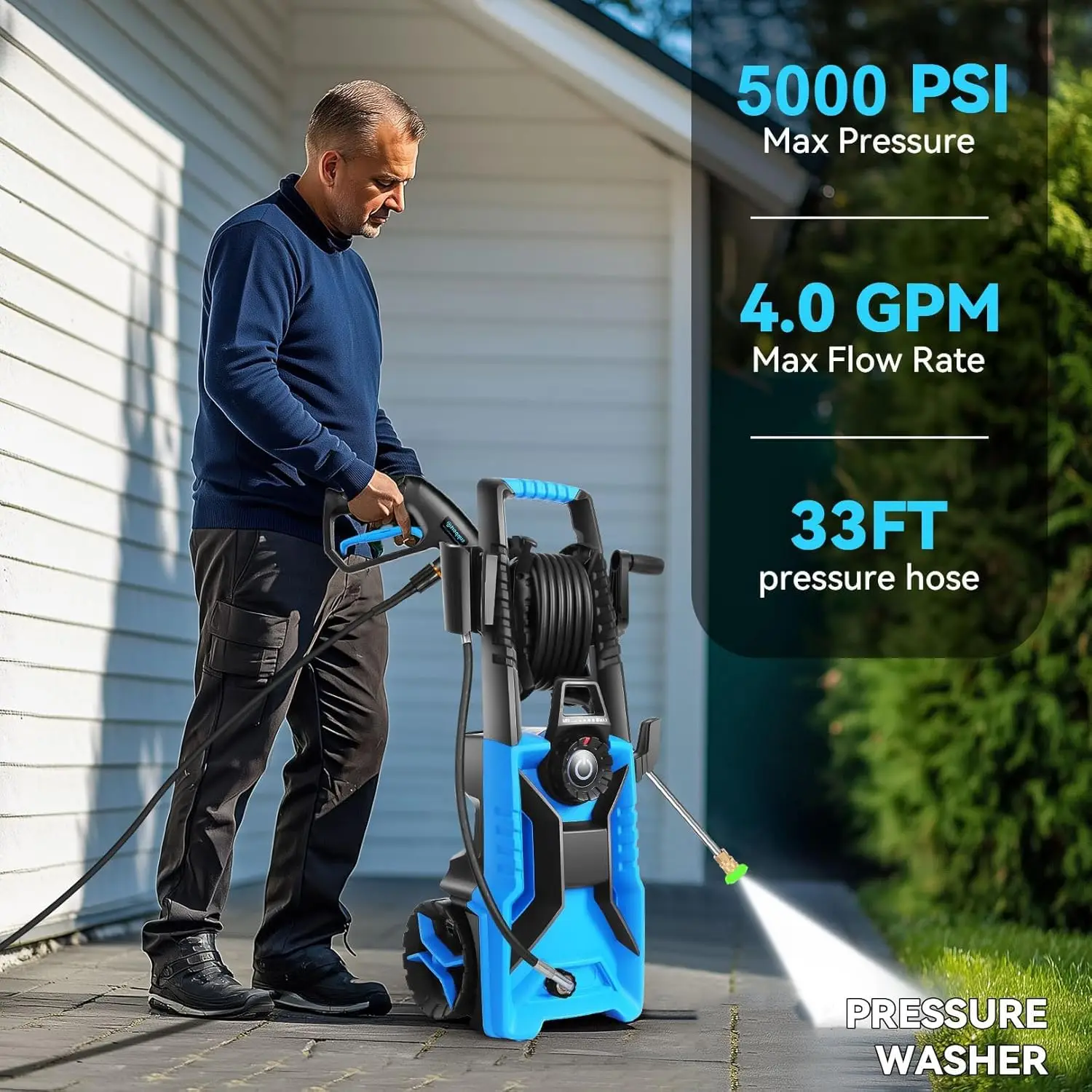 5000PSI Adjustable Pressure Washer With 33ft Hose 4 Nozzles and 500ml Foam Cannon for Outdoor Cleaning