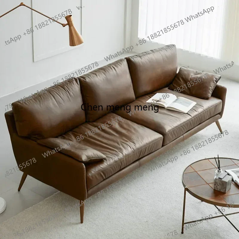 

D182Light luxury, simple retro oil wax leather living room sofa, small apartment, three seat straight row sofa