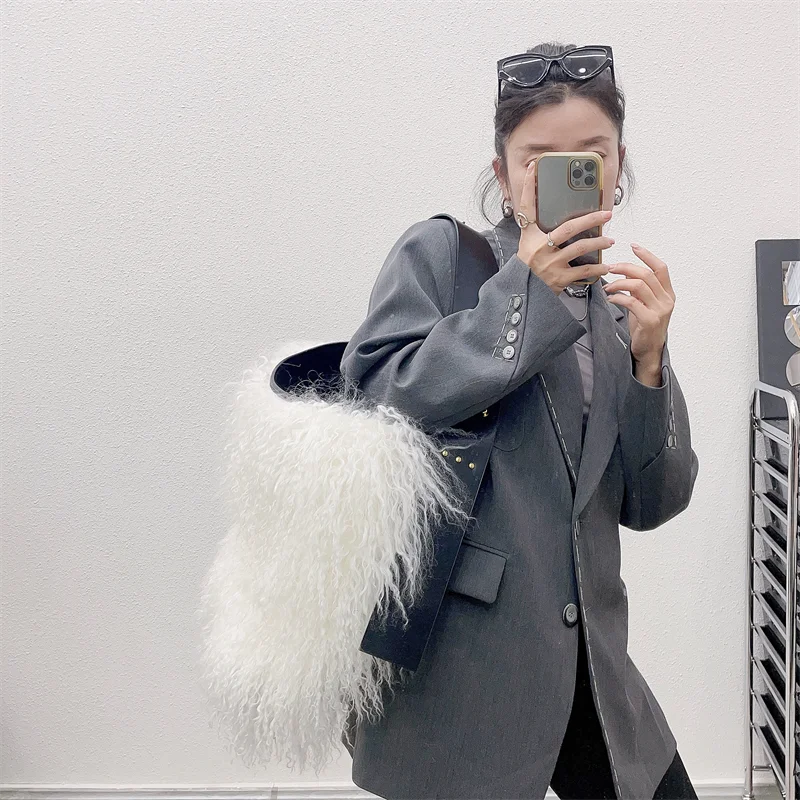 Fashion Girls Hand Bag Real Mongolian Lamb Fur Leather Women Bag